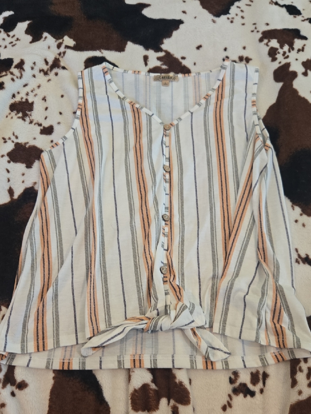 Lavish Peach, Blue & Gray Striped Tie-Front Sleeveless Top
